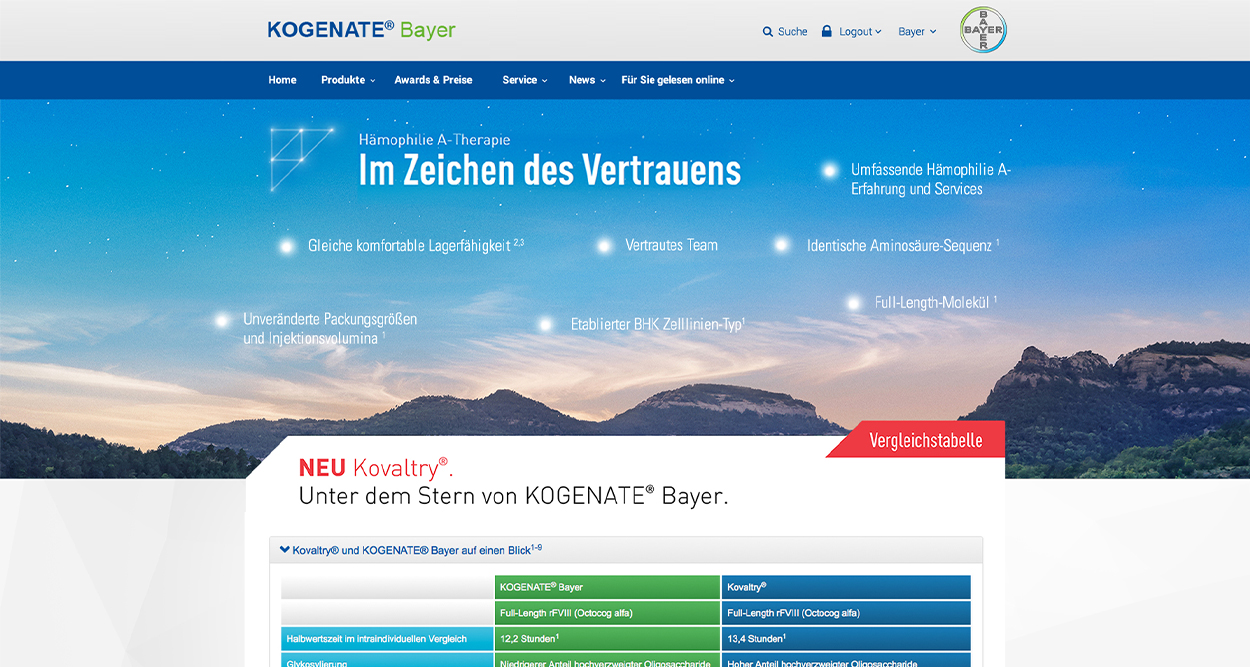 Screenshot der ehemaligen KOGENATE Bayer Startseite