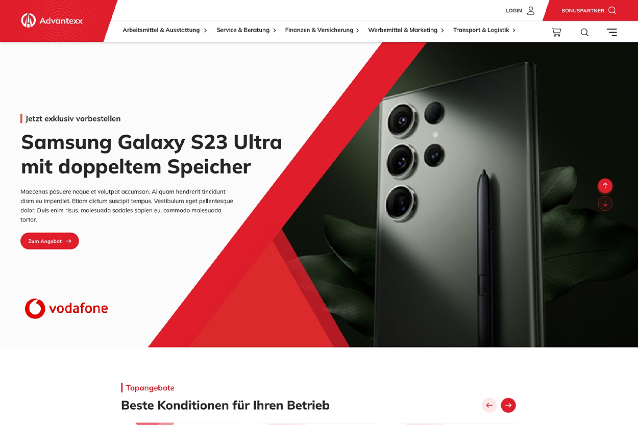 Screenshot von der Startseite von Advantexx