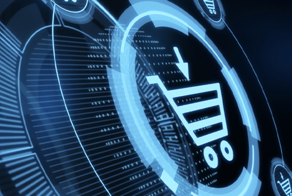 Digitales Symbol eines Einkaufswagens in einem futuristischen blauen Interface mit technologischen Elementen und Datenlinien.