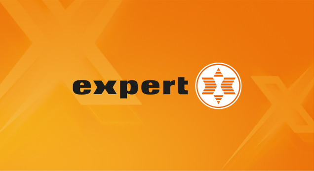 Logo der Marke expert mit orangem Hintergrund und stilisiertem Stern-Design in einem Kreis rechts vom Schriftzug