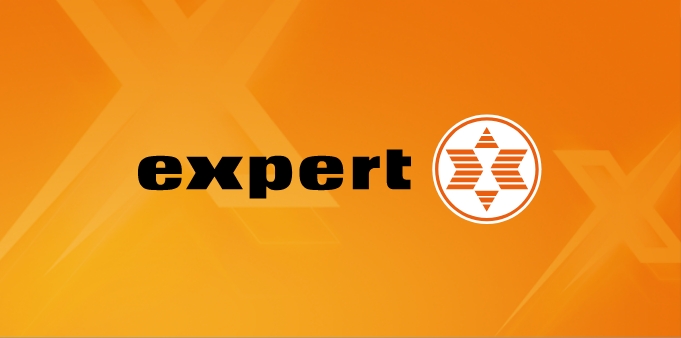 Logo der Marke expert mit orangem Hintergrund und stilisiertem Stern-Design in einem Kreis rechts vom Schriftzug